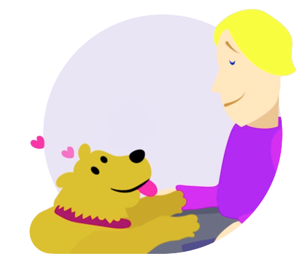 Illustrated character looking content and sitting with dog